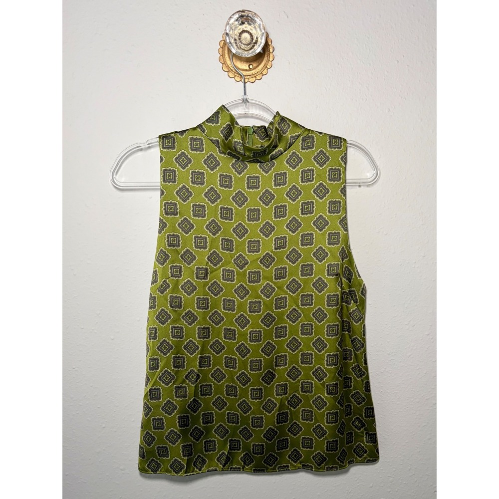 Mango MNG Green Geometric Medallion High Neck Sleeveless Blouse Satin Top Size 6